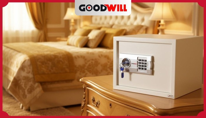 két sắt khách sạn Goodwill đặt trên tủ đầu giường trong phòng nghỉ cao cấp
